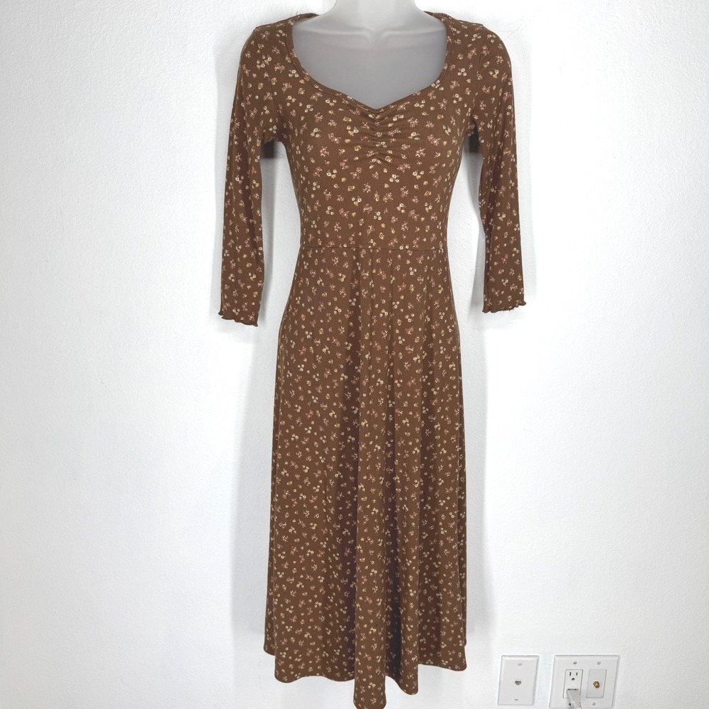 Brown Ditsy Floral Ribbed Sweetheart Midi Peasant Dress Size S Cottagecore Boho